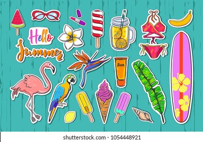 Set of fashion Summer stickers badges icons patches. Hand drawn Calligraphy.