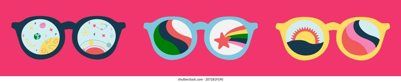 Un conjunto de gafas de sol de moda. Gafas con abstracción, espacio y puesta de sol. Estilo de los años 70. Gafas retro con ánimo. Ilustración vectorial aislada en un fondo púrpura