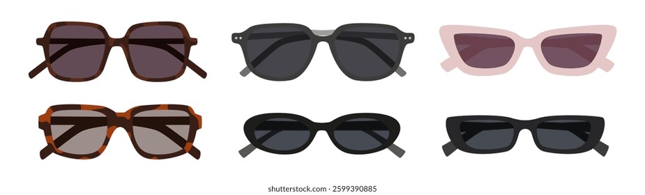 Set of fashion sunglasses isolated on white background. Glasses with different frames.