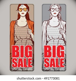 Set of fashion tags with pretty girl. Vector collection.
