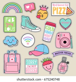 Set of fashion teenage girls patches, cute pastel badges, fun cartoon icons vector
in teenager girl concept