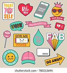 Set of fashion teenage girls patches, cute feeling badges, fun cartoon icons vector in teenager girl concept