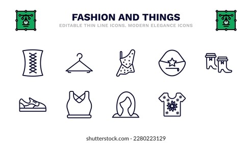set of fashion and things thin line icons. fashion and things outline icons such as clothing hanger, caveman, handbag elegant for women, boot for women, gym