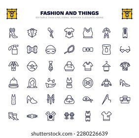 set of fashion and things thin line icons. fashion and things outline icons such as leg warmer, tights, gym clothes, neck gaiter, fashion bag, wig, heel, woman bag, gym belt vector.