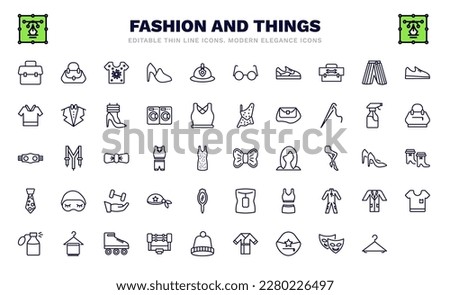 set of fashion and things thin line icons. fashion and things outline icons such as office briefcase, t shirt with flowers, gym shoes, safety shirt, gym belt, elegante, boot for women, white t