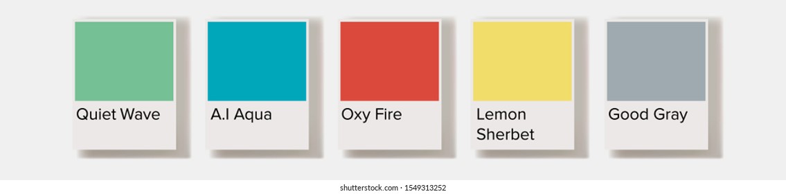 Set of fashion trendy color swatches for 2021 year: Oxy Fire, Good Gray, Lemon Sherbet, A.I Aqua, Quiet Wave.