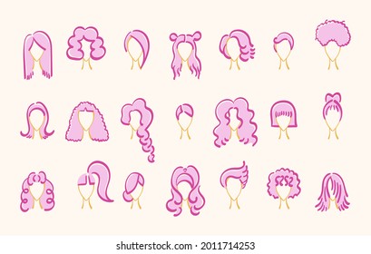 Set Of Fashion Vector Icons. Silhouette Of Various Womens Hairstyles: Tail, Pigtail, Curl, Bun, Kinky Hair, Short, Plait, Wavy, Chignon, Bob, Ringlets Etc. Vector Linear Illustration In Pink Color.