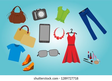 set of fashion vectors, bag, clothes, glasses, cammera,handphone etc