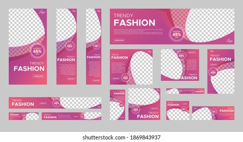 Set of Fashion Web Banner with standard size. Vertical, horizontal and square template. Vector EPS