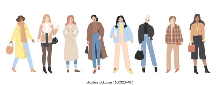 Set of fashion woman in autumn and spring street style outwear. Vector flat cartoon illustration.