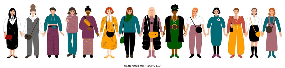 Set of fashion woman. Happy women or girls standing together and holding hands. Group of female friends, union of feminists, sisterhood. Diverse international group of standing women or girl