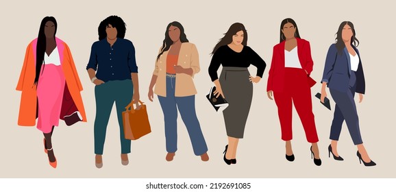 Set of fashion woman in trendy clothes vector realistic cartoon illustration. Collection of classy colorful street style outwear female isolated. Fashionable curvy girl demonstrate autumn clothing.