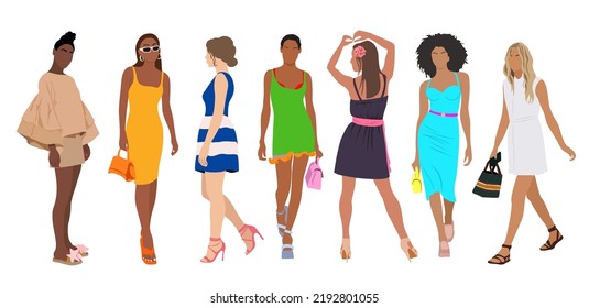 Set of fashion woman in trendy clothes vector cartoon illustration. Collection classy colorful street style dress female isolated. Fashionable girl demonstrate summer clothing, front, side, back view