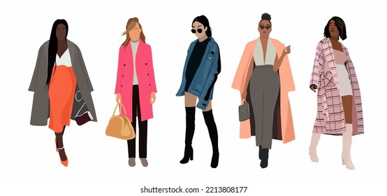 Conjunto de mujeres de moda en la moderna ilustración vectorial de ropa. Colección de ropa de calle elegante y colorida estilo calle femenina aislada. Muchacha de moda exhibe ropa de invierno, primavera y otoño