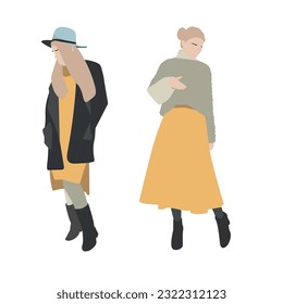 Conjunto de mujeres de moda en la moderna ilustración vectorial de ropa. Colección de ropa de calle elegante y colorida estilo calle femenina aislada. Muchacha de moda exhibe ropa de invierno, primavera y otoño