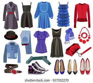 set of fashion women's clothes isolated on white background (vector illustration)