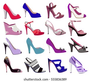 set of fashion women's shoes isolated on white background (vector illustration)