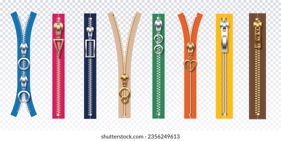 Set of fashion zippers. Elements of clothing and apparel on copy space. Trend and style. Colorful parts of bags. Realistic isometric vector collection isolated on transparent background
