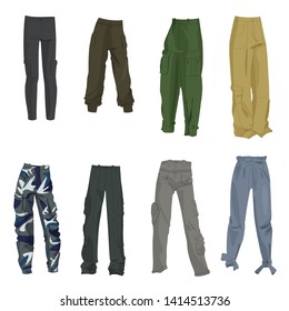 A set of fashionable in 2019 pants for a girl, in the style of cargo, joggers, etc. Isolated on white background.