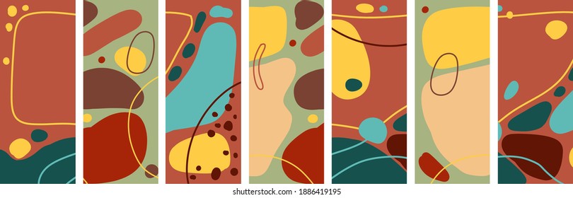 A set of fashionable abstract backgrounds. In a simple minimalist style, doodles and spots in bright colors. With space for text design, for social media stories. Vector.