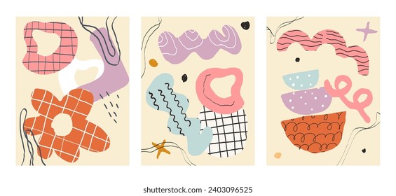Set of fashionable abstract graphic shapes on a beige background. Minimalist forms in the style of modern art. Geometric posters in trendy retro brutalist style. Swiss design aesthetic.