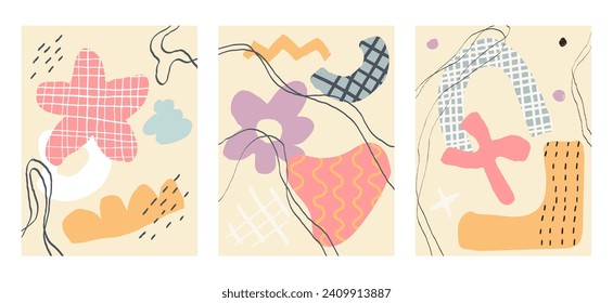 Set of fashionable abstract graphic shapes on a beige background. Minimalist forms in the style of modern art. Geometric posters in trendy retro brutalist style. Swiss design aesthetic.