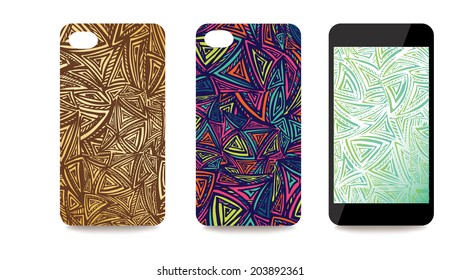 Set fashionable abstract triangles  ornaments for mobile phone cover and screen . The visible part of the clipping mask. The sample is ready for printing after the release clipping mask.Vector 