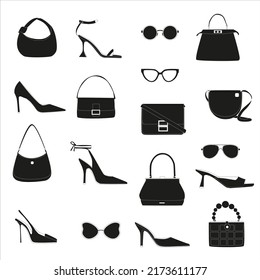 Set of fashionable accessories for women. Various collections of accessories. Modern glasses, shoes and bags. Graphic vector illustration isolated on white background.