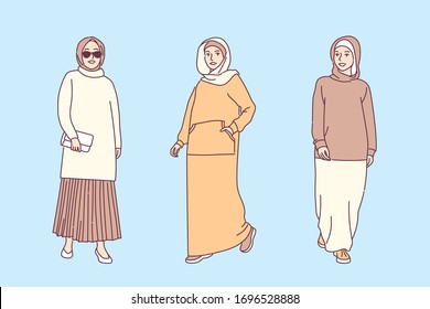 Set of fashionable Arabic Women in hijab. Different arab girls wearing trendy clothes and headscarf. Traditional clothes female cartoon characters collection. Flat hand drawn style vector illustration