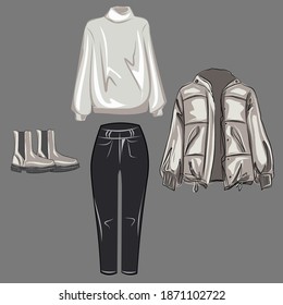 A set of fashionable beige jacket, white sweater, black jeans and beige boots. Basic wardrobe. Clothes, shoes, bags for every day. Vector isolated images.