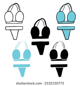 A set of fashionable bikini icons. Back crossed back, Brazilian bottom. Hand-drawn doodle sketch style. Front, cyan and black