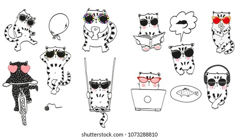 A set of fashionable cats in glasses. Glasses. Fashion