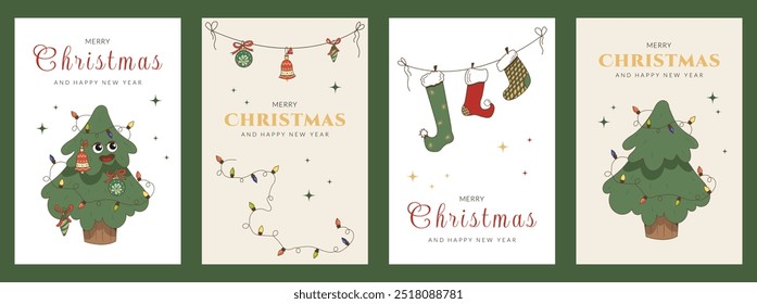 A set of fashionable Christmas posters with retro characters and decorative elements. Christmas tree, toys, lights, socks. Story template, postcard, poster.