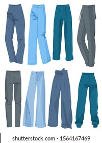 Set of fashionable and classic jeans, different colors, styles, beautiful things for everyday life, isolated on a white background.