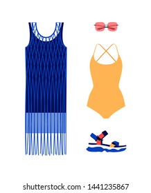 A set of fashionable clothes and accessories for summer holidays in 2019: dress, swimsuit, glasses and sports sandals. Vector flat illustration