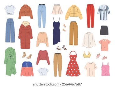 Set of fashionable clothes for women. Collection of different clothes. Modern casual dress, pants, jacket, shoes. Vector illustration