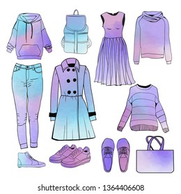 A set of of fashionable clothing and accessories spring and autumn season collection. Hand drawn watercolor womens Spring collection fashion clothes. Outfit of casual elegant woman style.