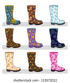 Set of fashionable colorful rubber boots with patterns; vector illustration