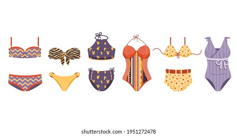 Set of fashionable and colorful swimsuits. One-piece and two-piece swimwear , bikini tops and bottoms. Isolated on white background. Stylish swimwear design.Vector illustration.