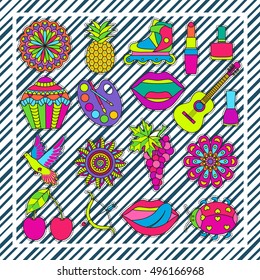 Set of fashionable cute patches elements on striped background. Vector illustration