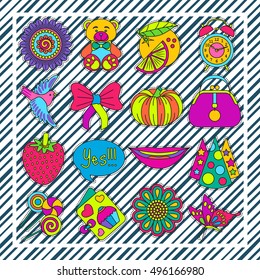 Set of fashionable cute patches elements on striped background. Vector illustration