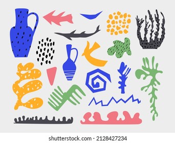Set of fashionable doodles and abstract nature icons on isolated white background. Minimalist art, boho style decor. Vector. Collection for decor. Unusual organic shapes in hand drawn matisse style.