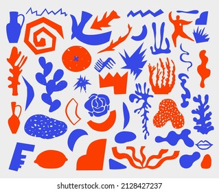 Set of fashionable doodles and abstract nature icons on isolated white background. Minimalist art, boho style decor. Vector. Collection for decor. Unusual organic shapes in hand drawn matisse style.