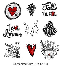 Set of fashionable elements: fall in love, I love autumn lettering, candlestick, fern branch, pinecone, round wood piece with red heart. Floral sketch for rustic eco decoration autumn celebration.