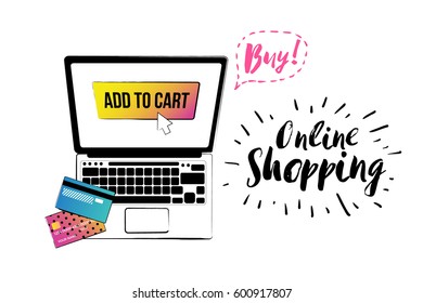 Set of fashionable elements: shopper laptop, online shopping label, buy bubble. Online shopping stickers and patches collection. Vector fashion illustration in vogue style.