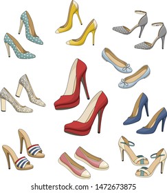 Set of fashionable female colourful shoes with high heel and without it. Vector background.