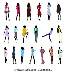 Set of fashionable female silhouettes in clothes