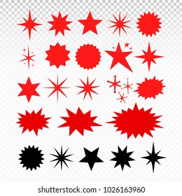 Set Of Fashionable Forms Of Red Retro Stars. Flat Design Elements Sunburst. Best For Sale Sticker, Price Tag, Quality Mark. Beans Firework. Vector Illustration. Isolated On Transparent Background.