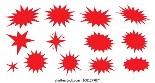 Set of fashionable forms of red retro splash, explosion, burst, bang, blast, shine, star. Flat design elements sunburst. Best for sale sticker, price tag, quality mark. Beans firework. Vector.