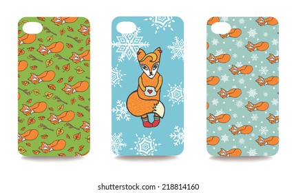 Set fashionable Fox ornaments  for mobile phone cover. The visible part of the clipping mask. The sample is ready for printing after the release clipping mask.Vector illustration   